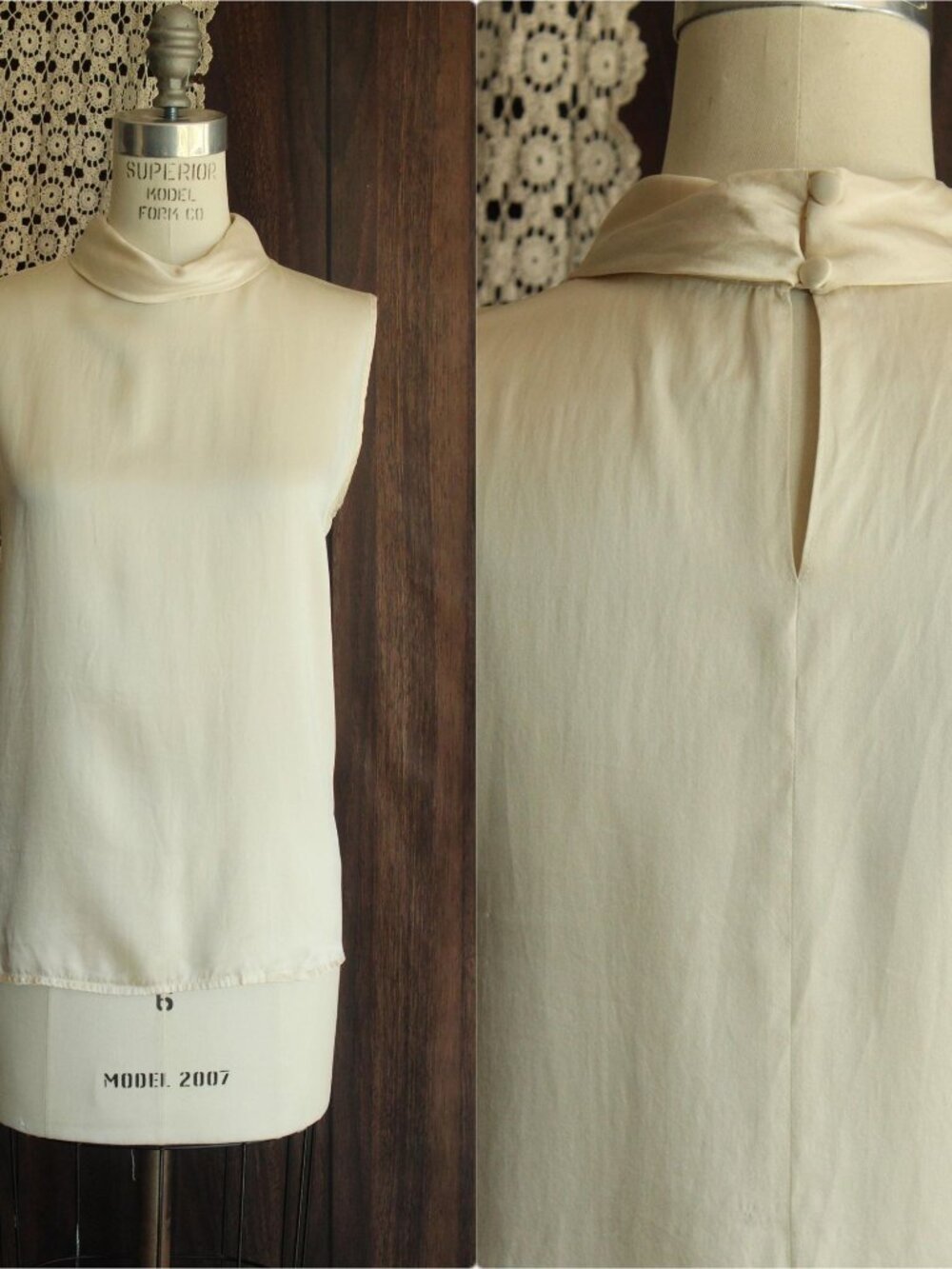 Vintage 1990s 2000s Blouse, Ivory Silk with Keyhole Back and Fold Over Turtlenec